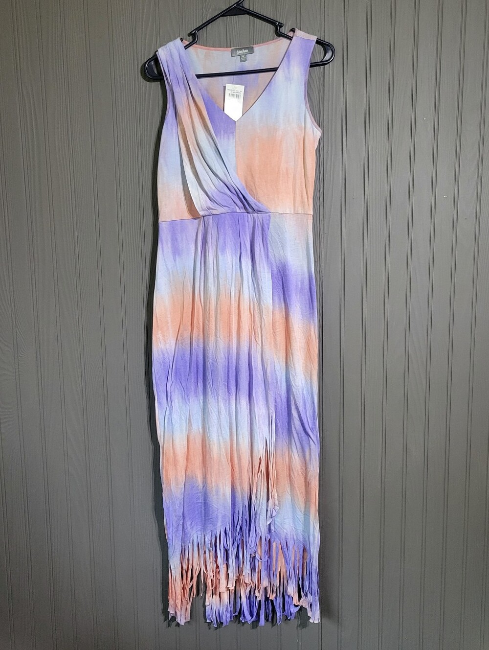 NWT Neiman Marcus Faux Wrap Dress Fringe Detail Tie-Dye Pastel Women's Medium